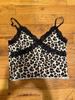 Leopard Print Lace Trim Cami Top - Black & Tan